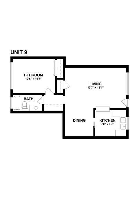 Floor plan for 1 bed, 1 bath, 700 sqft